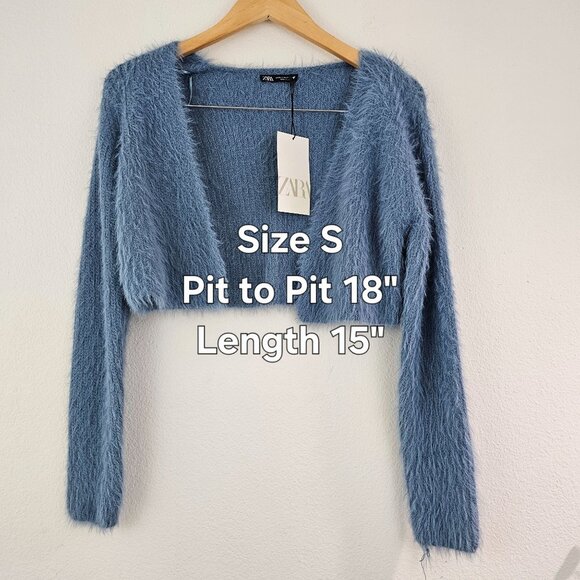 Zara Sz S Soft Fuzzy Cropped Cardigan Open Front Ice Blue Long Sleeve Soft Cozy - Picture 4 of 6